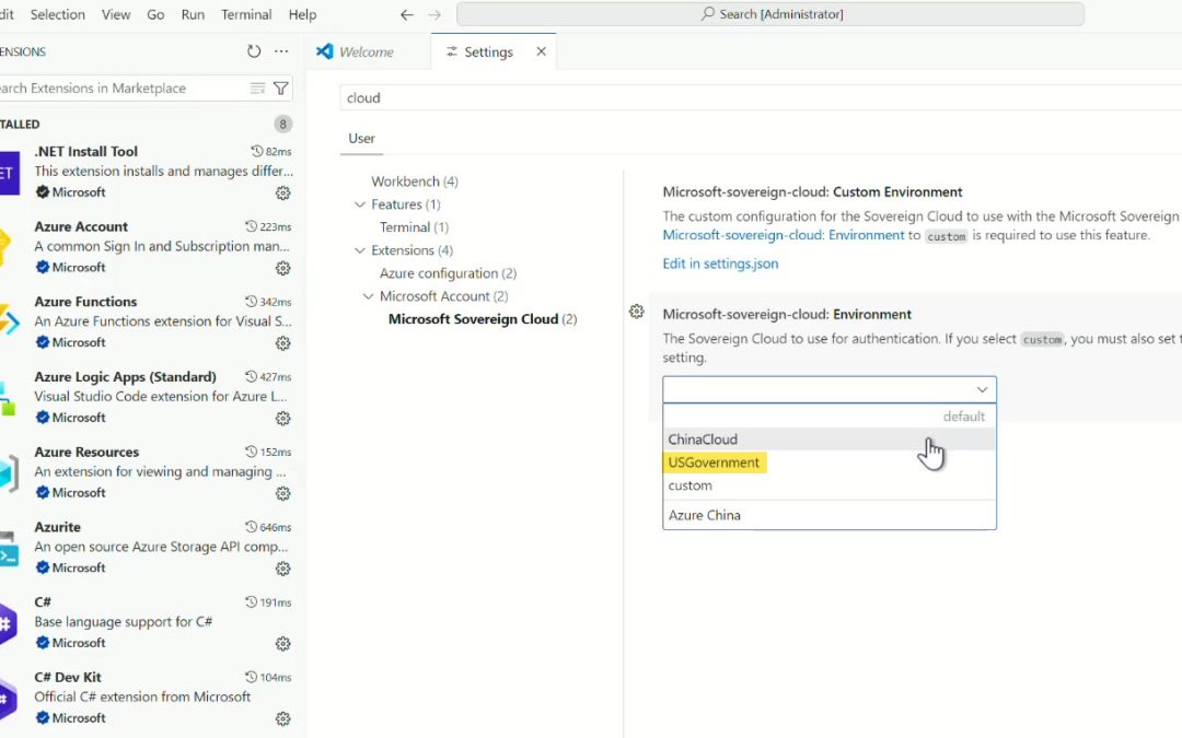 Configuring US Government Cloud in Visual Studio Code for Developers