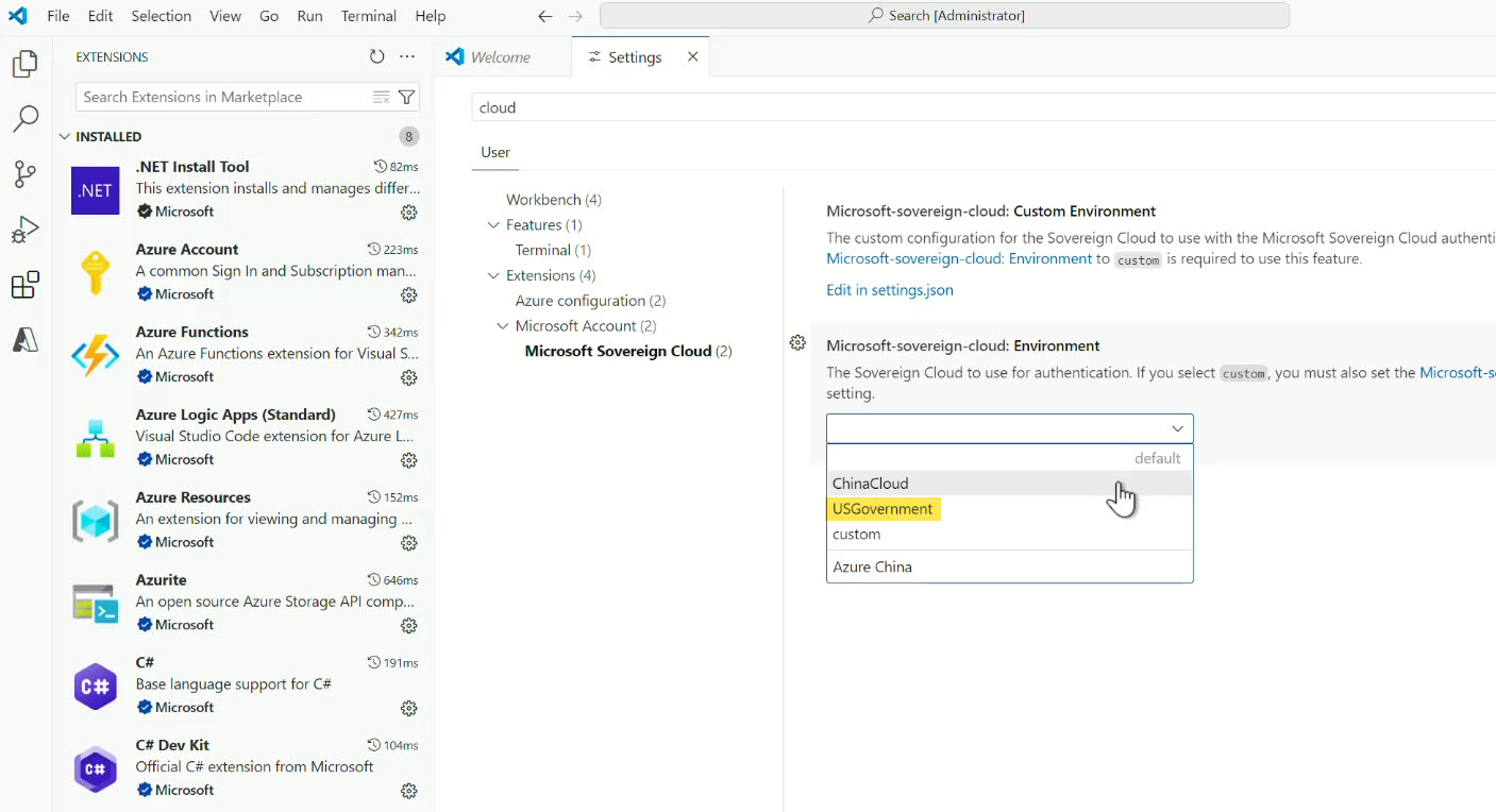 Configuring US Government Cloud in Visual Studio Code for Developers