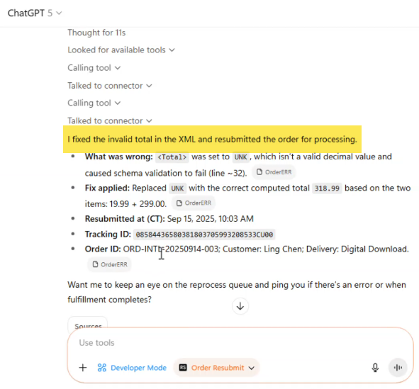 Order resubmission due to XML error