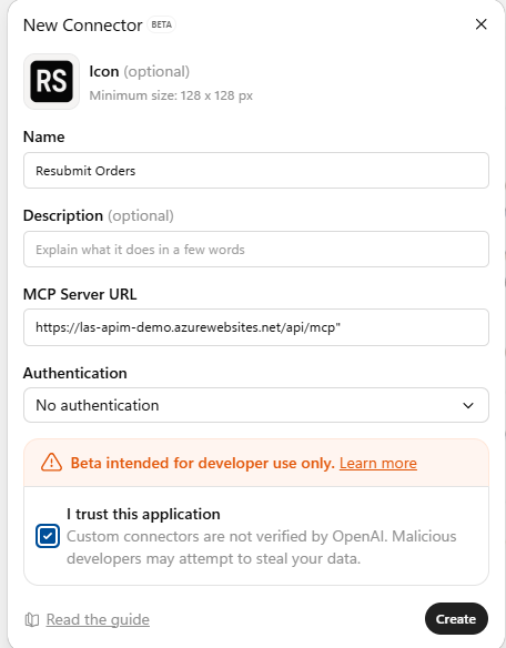 New connector setup interface screenshot