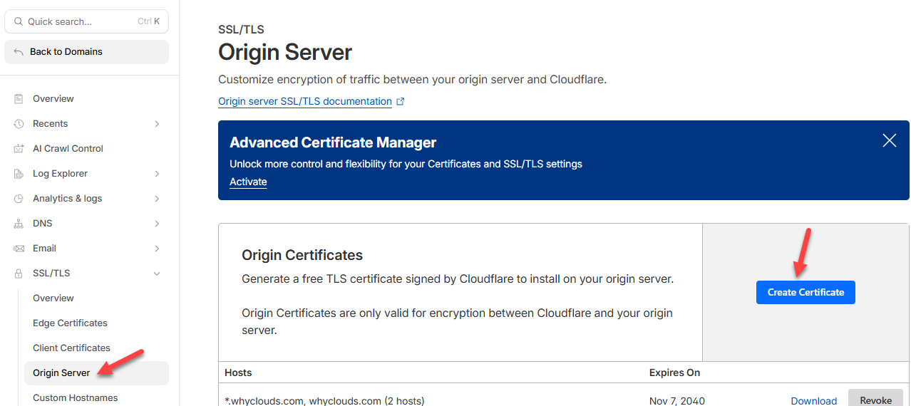 Create Origin Certificate