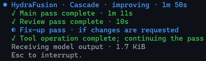CLI Cascade progress showing completed main and review passes and a conditional fix-up pass.
