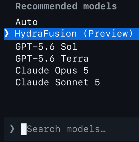 GitHub Copilot CLI model picker with HydraFusion (Preview) selected.