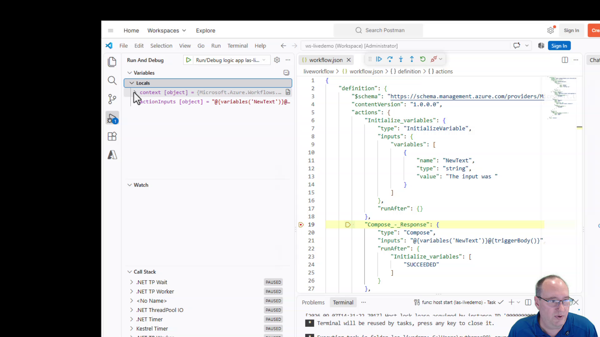 VS Code paused at the Compose action in workflow.json with Locals and Call Stack visible.
