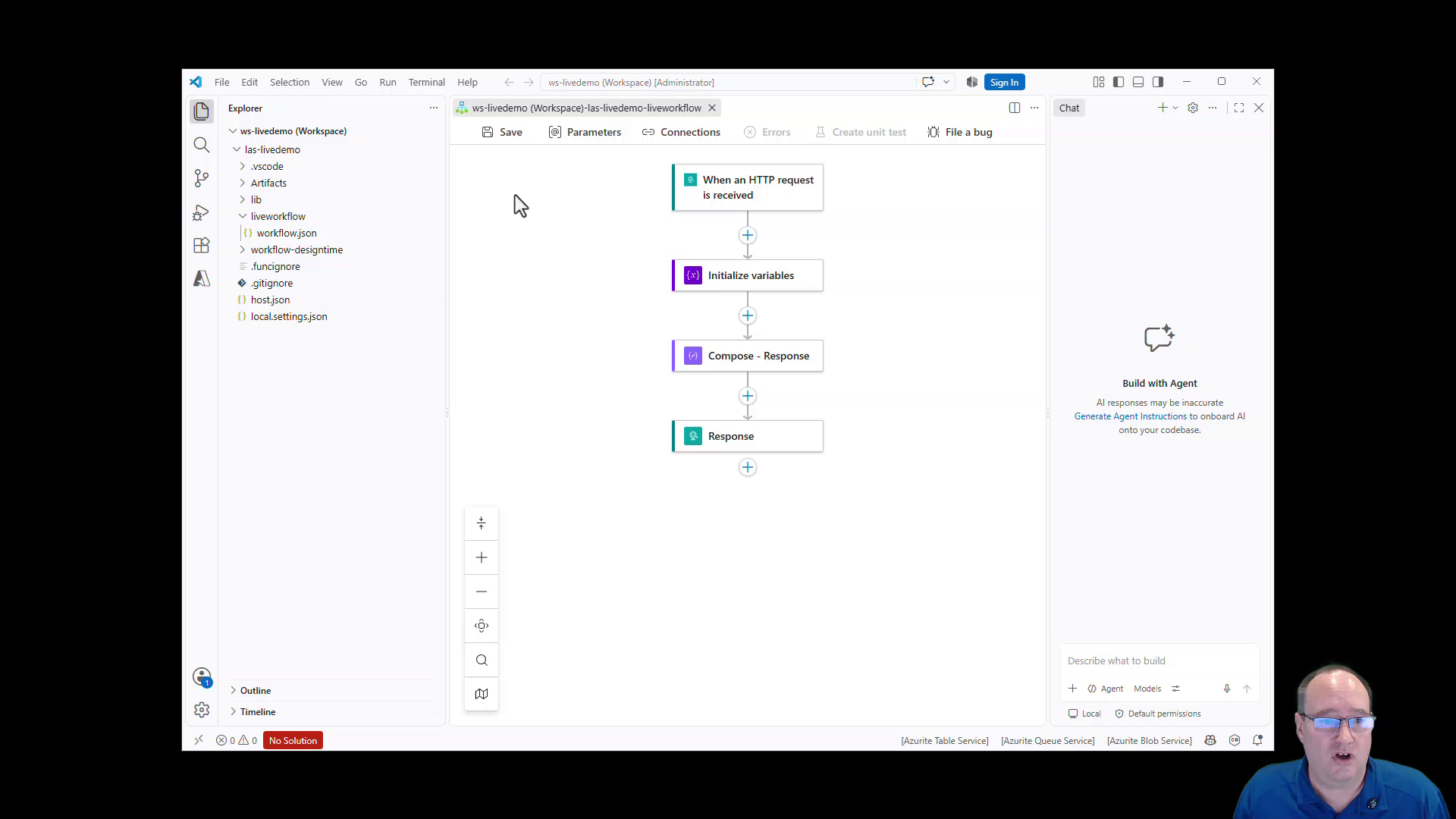 VS Code designer showing the HTTP request trigger, Initialize variables, Compose - Response, and Response.