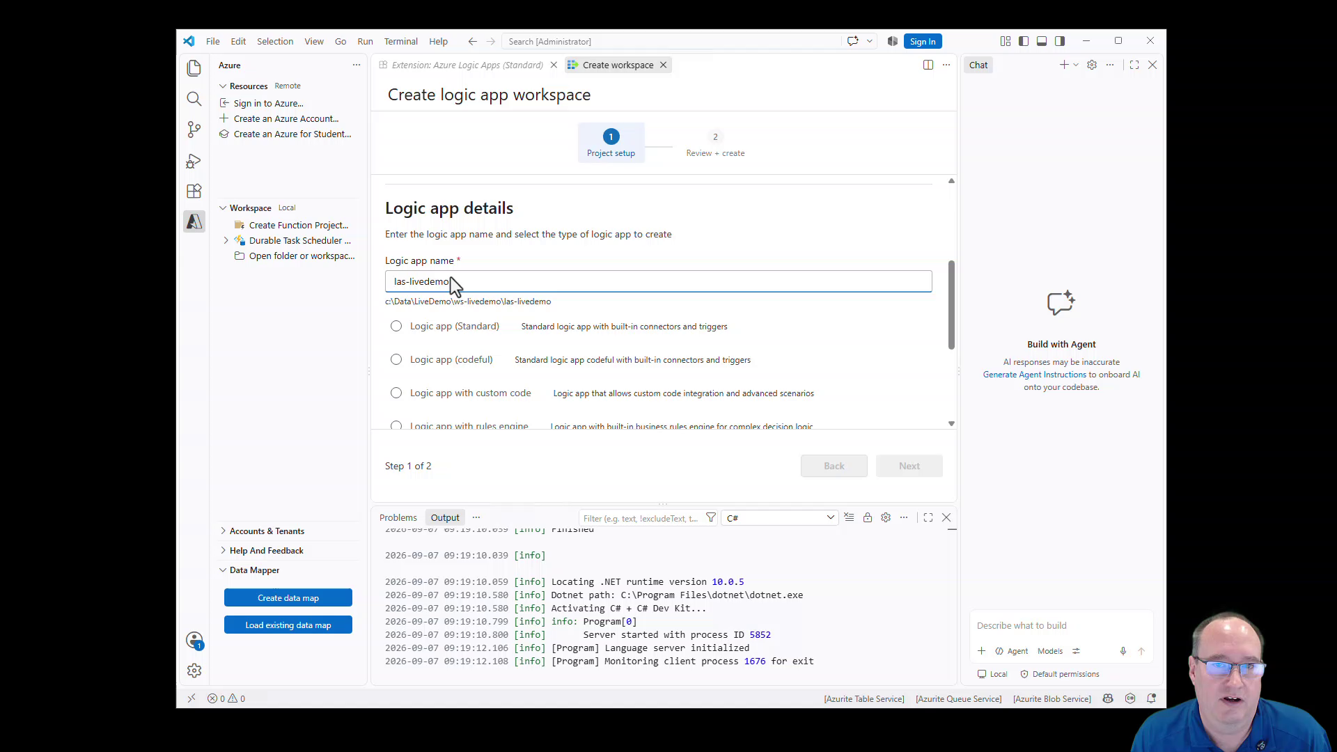 Logic app workspace wizard with the las-livedemo name and Standard app option.