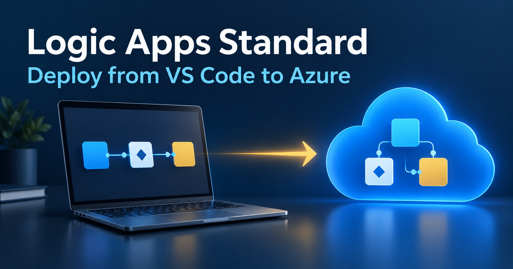 Illustration of a laptop sending a workflow to an Azure cloud beneath the title Logic Apps Standard.